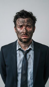 A portrait of a stressed businessman in a suit with his face and shirt smudged with black soot and ash, showing a tired and defeated expression after an incident.