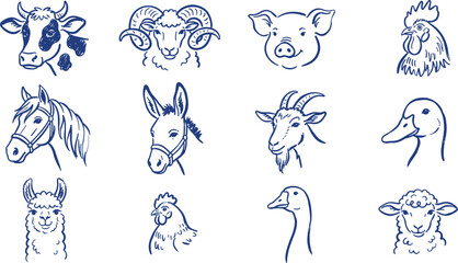 Fototapeta premium Domestic Farm Animals Face Portrait Line Art Vector Icon Set Featuring Cow Horse Pig Sheep Goat Donkey Alpaca Rooster Duck and Goose Illustrations