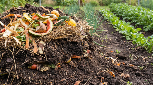 Compost pile creating rich soil with organic kitchen waste for home vegetable garden bed rows