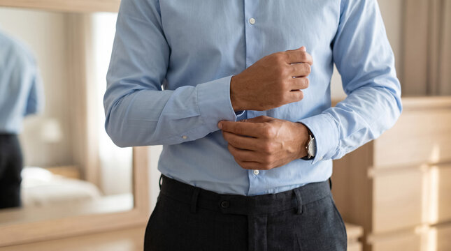 Professional man buttoning shirt sleeve, preparing for work, getting dressed for a formal occasion