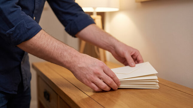 Person organizing a stack of envelopes on a wooden desk, preparing mail for correspondence