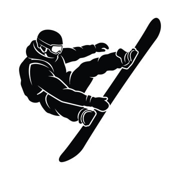 Snowboarder in action performing trick with snowboard and goggles for winter sports.