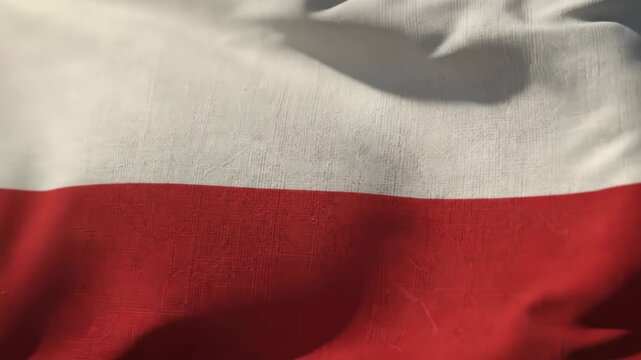 Close-up of a waving Polish flag showing its distinctive red and white colors.
