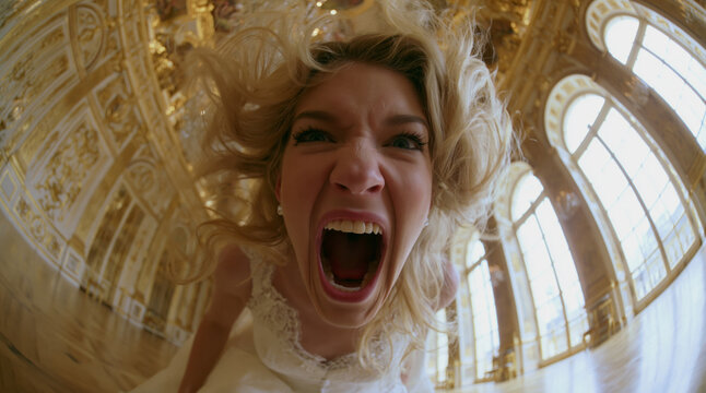 woman in a white wedding dress looking furious, screaming with her mouth wide open. 
