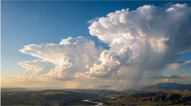 Storm cloud looms over a winding river valley.