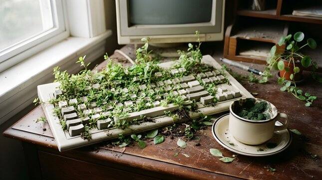 An abandoned old computer keyboard completely overgrown with lush green plants and weeds on a dusty wooden desk inside an office room with a retro monitor.