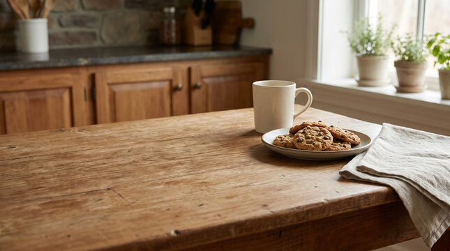 Rustic kitchen scene with coffee mug and chocolate chip cookies on a wooden table near a sunlit window