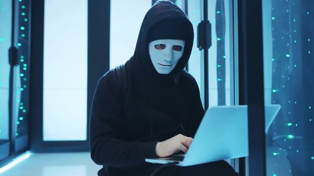 Anonymous Hacker Using Laptop Inside State Of The Art Data Center
