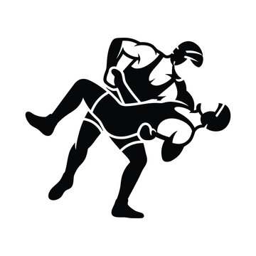 Wrestling sport two wrestlers action throw black silhouette vector illustration isolated on white.