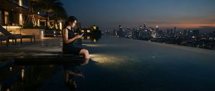 Woman sitting on the edge of a rooftop infinity pool at night, using her smartphone while looking at the city skyline view in the background.