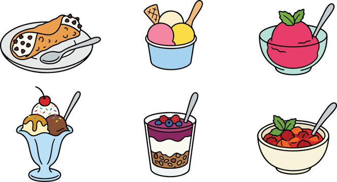 Pizza ice cream sorbet parfait fruit salad and sweet dessert illustration collection