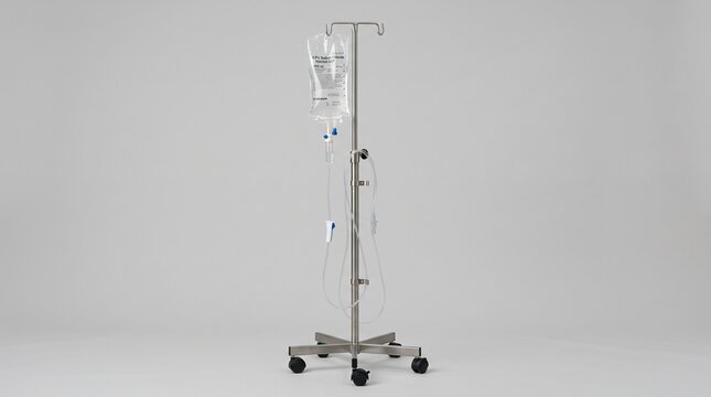 Stainless steel IV drip pole stand with 0.9% sodium chloride saline bag isolated on light gray background