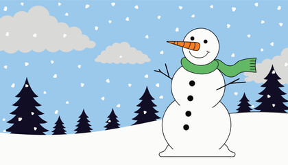 Fototapeta premium Smiling snowman with carrot nose and green scarf in winter landscape with snow falling vector illustration