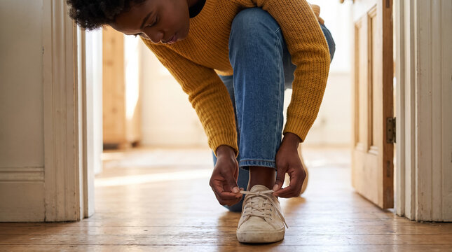 Person kneeling, tying shoelaces, preparing for the day, ready for an active lifestyle, getting dressed
