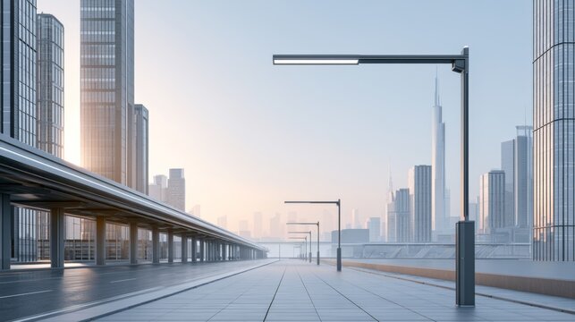 Modern urban landscape with tall buildings and streetlamps showcasing a futuristic city skyline at dawn with soft sunlight illuminating the scene.