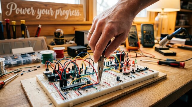 Engineer Working on Electronic Circuit Prototype with Pliers in Workshop