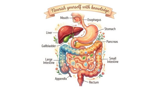Educational Human Digestive System Anatomy Diagram with Labeled Organs and Floral Decorations
