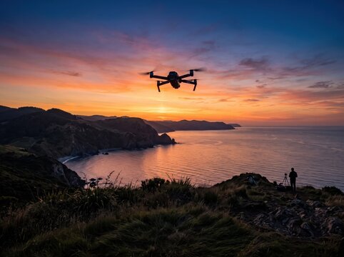 Modern drone flying over coastal landscape at sunset, aerial photography quadcopter silhouette against orange sky, scenic ocean cliffs