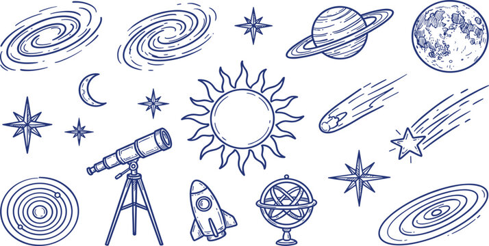 Vintage Space Astronomy Vector Set with Sun Moon Stars Telescope Rocket Ship Saturn Comet Meteor Galaxy and Armillary Sphere for Celestial Science Graphic Designs