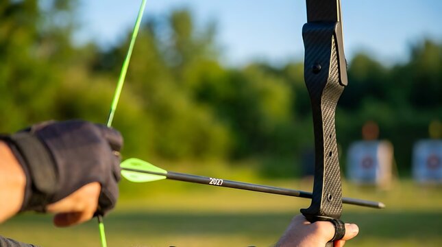 Carbon fiber bow with lime green arrow aiming at 2027 future goals and milestones in outdoor field