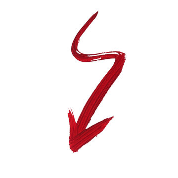 A hand drawn red arrow sign pointing down made with a rough brush stroke texture for creative design work