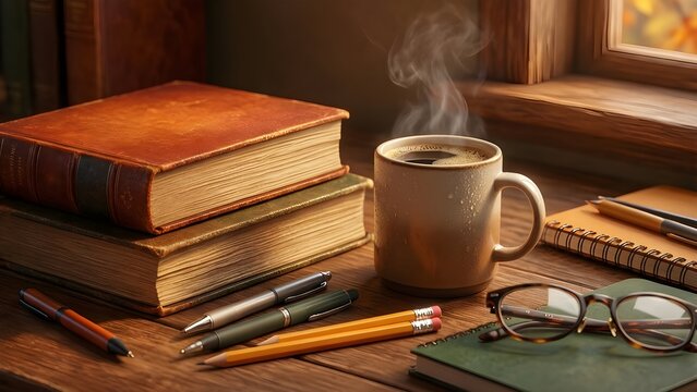 Hot Steaming Coffee Mug on Vintage Books with Eyeglasses and Pencils on Wooden Desk