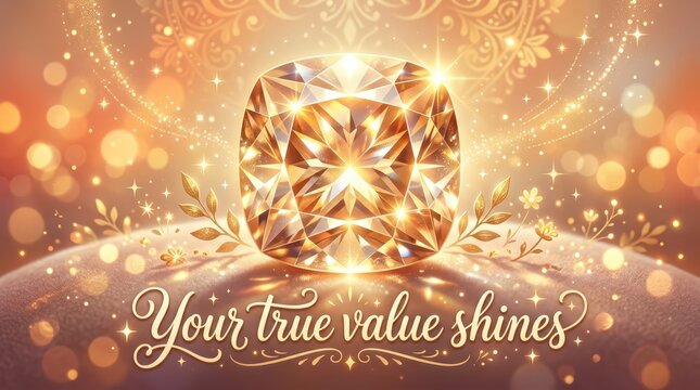 Golden Diamond Gemstone with Inspirational Quote Your True Value Shines Background