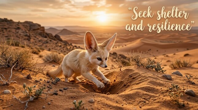 Fennec Fox Digging in the Desert Sand at Sunset with Inspirational Quote Text Overlay