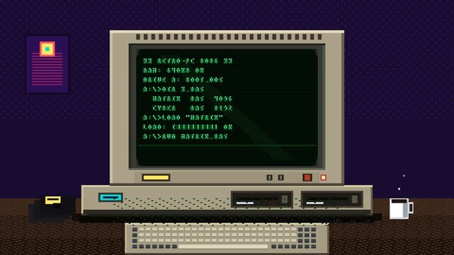 Vintage CRT Computer Typing Green Code 80s Retro Terminal Pixel Art Loop
