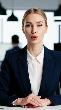 Professional Businesswoman Engaging in Presentation with Focus and Confidence at Modern Office Workspace, Exuding Charisma and Authority in Corporate Environment