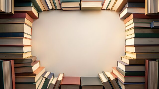 Frame of Stacked Hardcover Books Around Empty Space for Educational Text