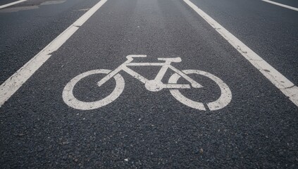 Fototapeta premium Urban Cyclist Riding Safely Along a City Street Bike Lane with Road Signs and White Direction Symbols for Modern Sustainable Transportation