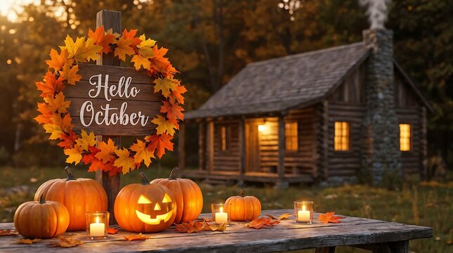 Autumn cabin scene with pumpkins and hello october sign