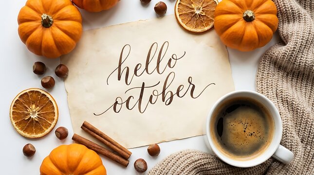 Hello october greeting with pumpkins and coffee