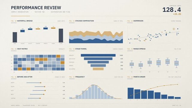 Performance Review Dashboard Animation With Waterfall Chart Funnel Heat Matrix And Pareto Graphs