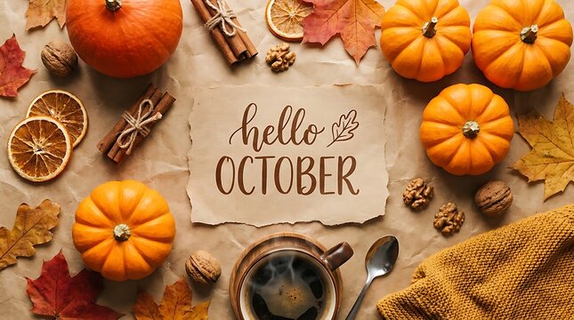 Hello october autumn flat lay with pumpkins and coffee