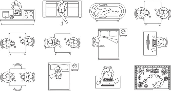 Top view architectural furniture and people vector set