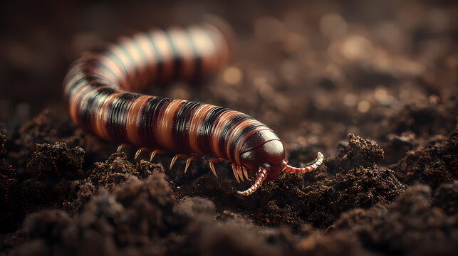 Striped millipede explores textured dark dirt in close macro shot showing small legs and antennae.