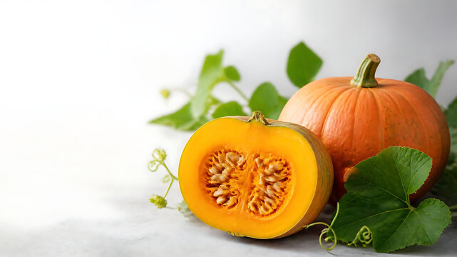 Fresh pumpkin sliced open beside a whole pumpkin, vivid golden flesh and seeds clearly visible, artistic balanced arrangement with green leaves and curling vines, clean bright background