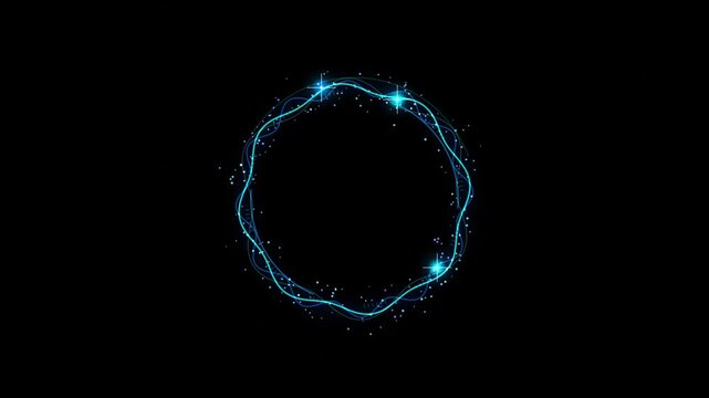 Abstract glowing blue circular light frame with particles