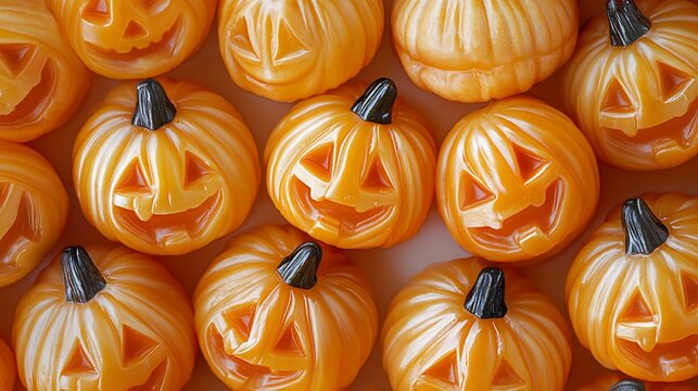 Close-up shot of small orange pumpkins with carved jack-o'-lantern faces.