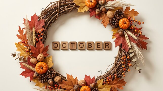 Autumn wreath with pumpkins and leaves isolated on white background