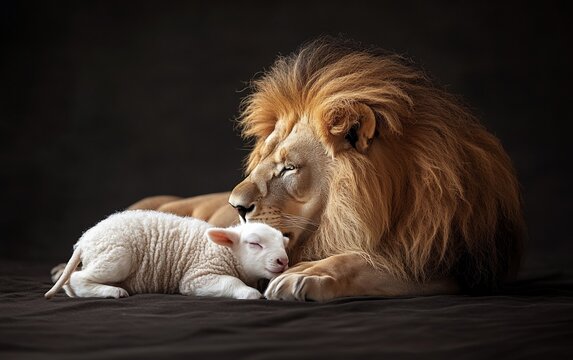 A lion and a lamb lie together, showcasing an unlikely friendship.