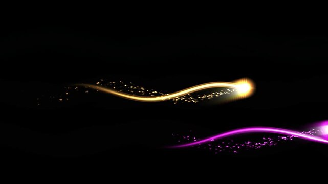 Abstract glowing light trails with particles on black background