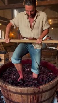 Traditional Grape Crushing: A Man Stomps Grapes in a Wooden Vat at a Vineyard Production Facility, Highlighting the Art of Winemaking and Harvesting Techniques