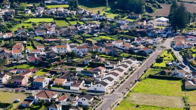 Aerial view of residential blocks and small gardens in Sete Cidades on Sao Miguel island, Azores