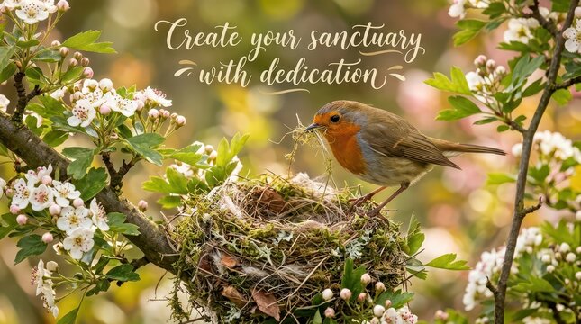 European Robin Building a Nest in Springtime Blossoms with Inspirational Quote