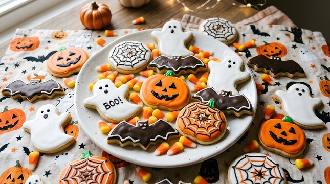 Assorted halloween sugar cookies arranged on a table with festive decorations and colorful sprinkles