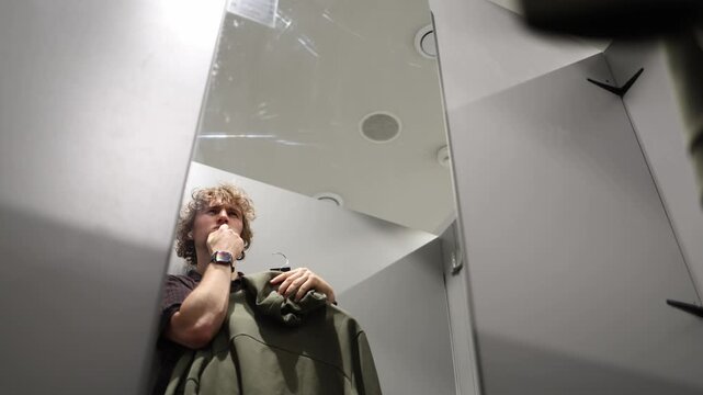 Thoughtful man hesitates over an olive hoodie in a fitting room touching his face while considering the look comfort and practicality before deciding if the new style suits him