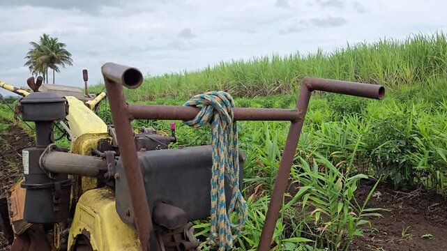 Intercropping Management and Labor Coordination in Root Crops as a walking hand tractor rests along deep field furrows while a farmer manages the dense agricultural landscape in the distance.